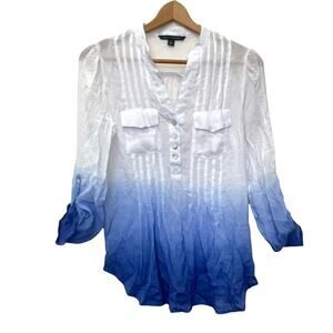 Zac & Rachel Ombre Blouse Sz S Women's Pin-tuck Long Tab Sleeves White Blue